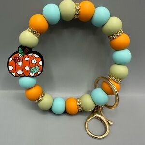 Silicone Beaded Keychain Bracelet with Pumpkin Charm, Hands Free Wristlet, Fall